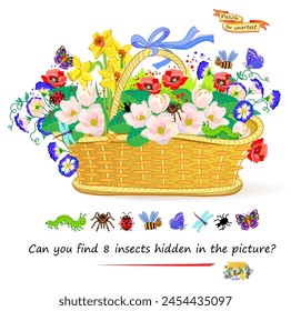 ¿Puedes encontrar 8 insectos escondidos en la foto? Juego de rompecabezas de lógica para niños y adultos. Ilustración de cesta con flores. Página educativa para niños. Dibujo plano de Vector de dibujos animados.