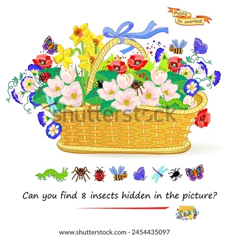 Can you find 8 insects hidden in the picture? Logic puzzle game for children and adults. Illustration of basket with flowers. Educational page for kids. Flat cartoon vector drawing.