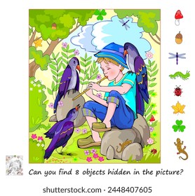 Can you find 8 objects hidden in the picture? Logic puzzle game for children and adults. The peasant boy playing pipe in the forest. Educational page for kids. Flat cartoon vector illustration.