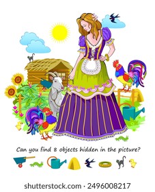 Can you find 8 objects hidden in the picture? Logic puzzle game for children and adults. Illustration of a cute girl with her farm animals. Education page for kids. Vector drawing.