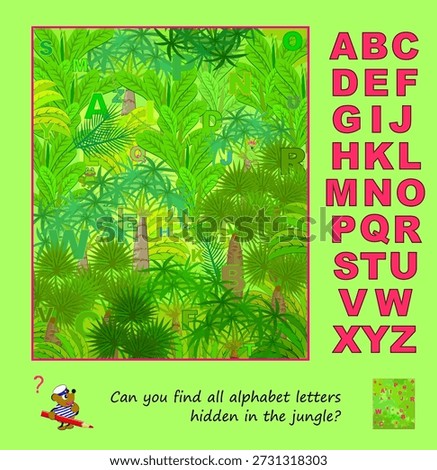 Can you find all alphabet letters hidden in the jungle? I spy game. Logic puzzle for children and adults. Education page for kids. Developing reading skills. Hand drawn vector illustration