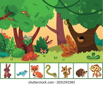 Can You Find The Animals Hidden In The Forest? Educational Game For Kids. Vector Illustration.