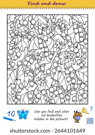 Can you find and color 10 butterflies hidden in the picture? Educational page for little children. Coloring book. Printable worksheet for kids. Logic puzzle. I spy game. Vector illustration.