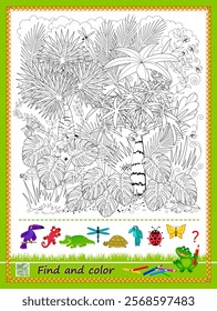 Can you find and color the jungle creatures hidden in picture? Game Seek and Find. Coloring book. Logic puzzle. Educational page for children. Worksheet for kids. Task for attentiveness. Vector image