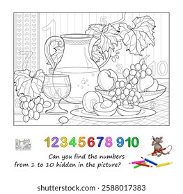 Can you find and color the numbers from 1 to 10 hidden in the picture? Coloring book. Logic puzzle game. Mathematics education for children. Develop counting skills. Black and white vector image.