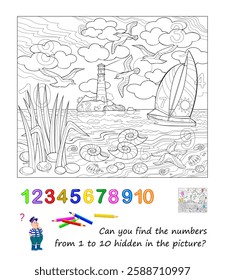 Can you find and color the numbers from 1 to 10 hidden in the picture? Coloring book. Logic puzzle game. Mathematics education for children. Black and white vector image. Develop counting skills.