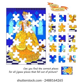 Can you find the correct places for all jigsaw pieces that fell out of picture? Puzzle for smartest. Logic game for children and adults. Page for kids brain teaser book. Flat vector illustration.