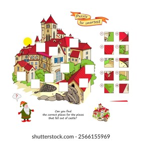 Can you find the correct places for the pieces that fell out of castle? Logic puzzle game for children and adults. Page for kids brain teaser book. Developing spatial thinking. Vector illustration.