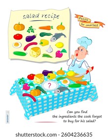 Can you find the ingredients the cook forgot to buy for his salad? Logic puzzle for smartest. Educational game. Page for kids brain teaser book. Task for attentiveness. Flat vector illustration.