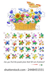 Can you find the jigsaw piece that fell out of picture? Puzzle for smartest. Logic game for children and adults. Page for kids brain teaser book. Developing spatial thinking. Vector illustration.