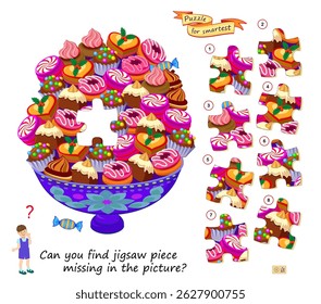 Can you find jigsaw piece missing in the picture? Logic puzzle game for children and adults. Page for kids brain teaser book. Task for attentiveness. Develop spatial thinking. Flat vector illustration