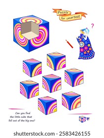 Can you find the little cube that fell out of the big one? Logic game for smartest. 3D puzzle. Developing spatial thinking. Page for kids brain teaser book. Flat vector illustration. IQ test.