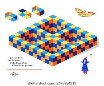 Você pode encontrar os locais dos três blocos escondidos no padrão? Jogo de lógica para o mais inteligente. Quebra-cabeça geométrico 3D. Desenvolver o pensamento espacial. Livro de provocação cerebral. Teste de QI. Ilustração de vetor plano.
