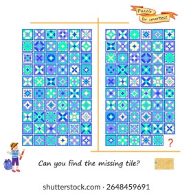 Can you find the missing tile? Logic puzzle for children and adults. Educational game. Page for brain teaser book. Task for attentiveness. Play online. Kids activity sheet. Flat vector illustration.