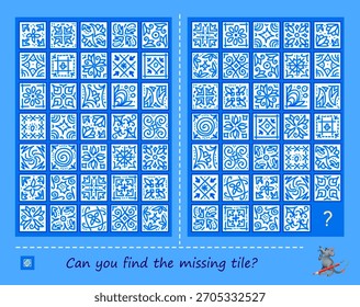 ¿Puedes encontrar la baldosa que falta? Juego de puzzle de lógica para niños y adultos. Página para el libro del cerebro teaser. Tarea de atención. Buscar y buscar juego. Hoja de actividades para niños. Ilustración vectorial dibujada a mano