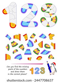 Can you find the missing parts of the numbers and draw them in the correct places? Logic puzzle game for children. Page for kids brain teaser book. Task for attentiveness. Vector illustration.
