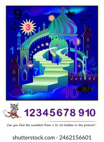 Can you find the numbers from 1 to 10 hidden in the picture? Logic puzzle game. Math education for young children. Developing counting skills. IQ test. Play online. Printable worksheet for kids.