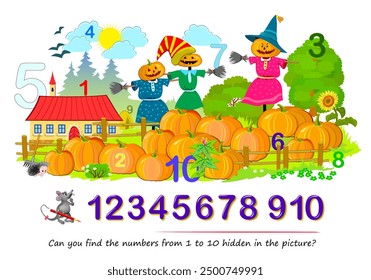 Can you find the numbers from 1 to 10 hidden in the picture? Logic puzzle game. Math education for young children. Developing counting skills. IQ test. Vector image. Printable worksheet for kids.