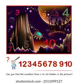 Can you find the numbers from 1 to 10 hidden in the picture? Logic puzzle. I spy game. Math education for young children. Develop counting skills. IQ test. Vector image. Printable worksheet for kids.