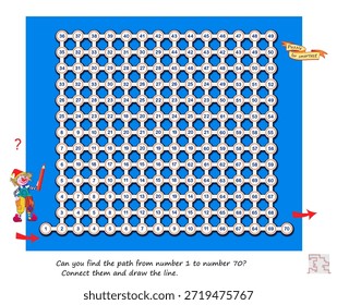 ¿Puedes encontrar el camino del número 1 al número 70? Conéctalos y dibuja la línea. Página educativa. Juego de puzzle de lógica. Libro de revelación del cerebro. Hoja de actividades para niños. Los mejores laberintos. Vector dibujado a mano.