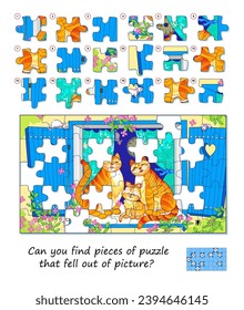 Kannst du Puzzleteile finden, die aus dem Bild gefallen sind? Logikspiel für Kinder und Erwachsene. Seite für Kinder Gehirn Teaser Buch. Aufgabe für Aufmerksamkeit. Entwicklung des räumlichen Denkens. Vektorgrafik.