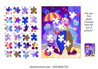 Can you find pieces of puzzle that fell out of picture? Logic game for children and adults. Page for kids brain teaser book. Task for attentiveness. Developing spatial thinking. Vector illustration.