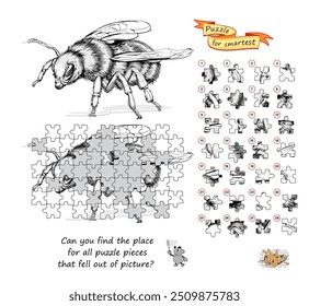 Can you find the place for all puzzle pieces that fell out of picture? Logic game for children and adults. Page for kids brain teaser book. Developing spatial thinking. Black and white vector image.