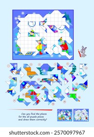 Can you find the places for the all puzzle pieces and draw them correctly? Logic game for children and adults. Page for kids brain teaser book. Developing spatial thinking. Flat vector illustration.