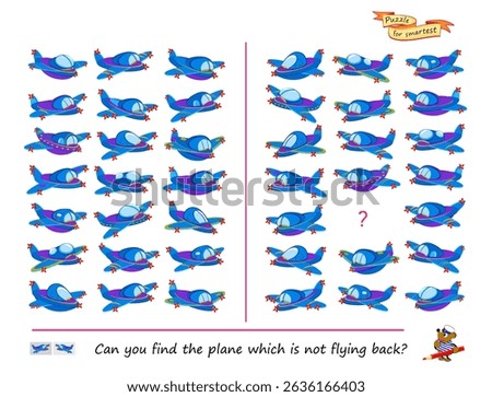 Can you find the plane which is not flying back? Logic puzzle for smartest. Educational game for children. Page for kids brain teaser book. Task for attentiveness. IQ test. Flat vector illustration.