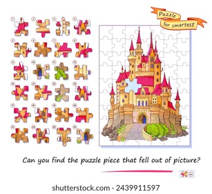 Can you find the puzzle piece that fell out of picture? Logic game for children and adults. Page for kids brain teaser book. Task for attentiveness. Developing spatial thinking. Flat vector image.