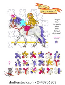 Can you find the puzzle piece that fell out of picture? Logic game for children and adults. Page for kids brain teaser book. Task for attentiveness. Developing spatial thinking. Flat vector image.