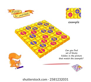 Can you find set of blocks hidden in the picture that match the example? Logic game for smartest. 3D puzzle. Developing spatial thinking. Page for brain teaser book. Flat vector illustration. IQ test