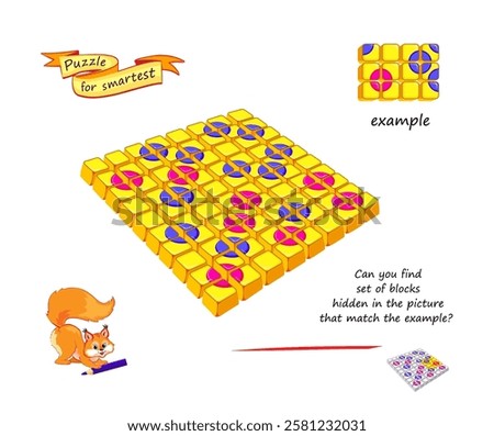 Can you find set of blocks hidden in the picture that match the example? Logic game for smartest. 3D puzzle. Developing spatial thinking. Page for brain teaser book. Flat vector illustration. IQ test