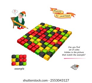 Can you find set of cubes hidden in the picture that match the example? Logic game for smartest. 3D puzzle. Developing spatial thinking skills. Page for brain teaser book. IQ test. Vector illustration