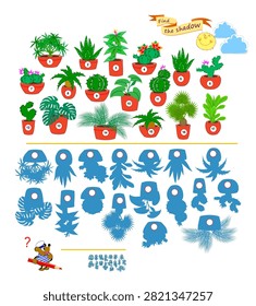 Can you find the shadow of each flower pot? Write the numbers in circles. Best puzzles for kids. Educational game for children. Task for attentiveness. Game Seek and Find. Hand drawn vector image.