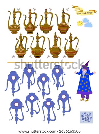 Can you find the shadow of each jug? Best puzzles for kids. Write the numbers in circles. Educational game for children. Task for attentiveness. Game Seek and Find. Hand drawn vector illustration.