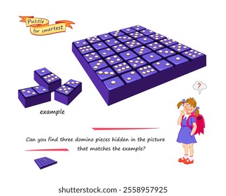 Can you find three domino pieces hidden in the picture that matches the example? Logic game for smartest. 3D puzzle. Developing spatial thinking skills. Brain teaser book. Vector illustration