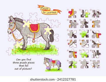 Can you find three puzzle pieces that fell out of picture? Logic game for children and adults. Page for kids brain teaser book. Task for attentiveness. Developing spatial thinking. Flat vector image.