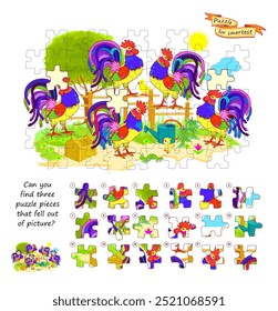 Can you find three puzzle pieces that fell out of picture? Logic game for children and adults. Page for kids brain teaser book. Task for attentiveness. Developing spatial thinking. Flat vector image.