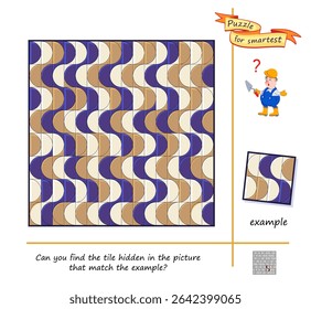 Can you find the tile hidden in the picture that match the example? Logic puzzle game for smartest. Develop spatial thinking. Task for attentiveness. Brain teaser book. Vector illustration.
