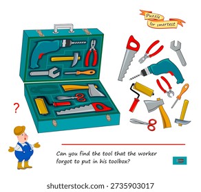 Can you find the tool that the worker forgot to put in his toolbox? Logic puzzle for children and adults. Educational game. Page for brain teaser book. Task for attentiveness. Hand drawn vector image