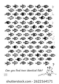 Can you find two identical fish? Logic puzzle for children and adults. Game Seek and Find. Page for kids brain teaser book. Task for attentiveness. IQ test. Hand drawn black and white vector.