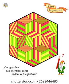 Você pode encontrar dois cubos idênticos escondidos na imagem? Quebra-cabeça lógico 3d com ilusões ópticas. Game Seek e Find para crianças e adultos. Página para crianças livro teaser cérebro. Teste de QI. Vetor desenhado à mão
