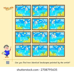 ¿Puedes encontrar dos paisajes idénticos pintados por el artista? Juego de buscar y encontrar. Rompecabezas de lógica para niños y adultos. Libro de revelación del cerebro. Prueba de coeficiente intelectual para la atención. Ilustración vectorial plana dibujada a mano