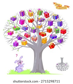 Can you find two identical gifts? Logic puzzle for children and adults. Game Seek and Find. Page for kids brain teaser book. Task for attentiveness. IQ test. Hand drawn vector illustration.