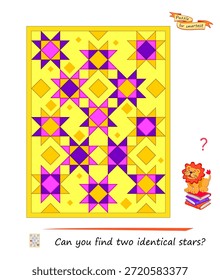 Can you find two identical stars? Logic puzzle for children and adults. Game Seek and Find. Page for kids brain teaser book. Task for the most attentive. IQ test. Hand drawn vector illustration.