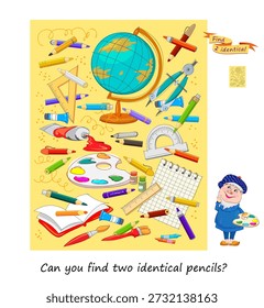 Kannst du zwei identische Bleistifte finden? Logikpuzzle für Kinder und Erwachsene. Spiel suchen und finden. Seite für Kinder Gehirn Teaser Buch. Aufgabe für die aufmerksamsten. IQ-Test. Handgezeichnete Vektorgrafik.