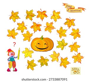 Can you find two identical maple leaves? Logic puzzle for children and adults. Game Seek and Find. Page for kids brain teaser book. Task for the most attentive. IQ test. Hand drawn vector illustration