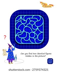 Can you find two identical figures hidden in the picture? Mathematical logic puzzle. Game Seek and Find. Brain teaser book. Develop spatial thinking and counting skills. Hand drawn vector illustration