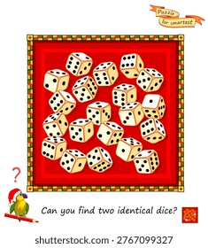 Can you find two identical dice? Hand drawn vector illustration. Logic puzzle for children and adults. Game Seek and Find. Brain teaser book. Task for attentiveness. IQ test. Develop counting skills